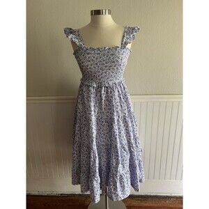 Women's Sleeveless Smocked Midi Dress Tiered 100% Cotton Blue Pink Floral M